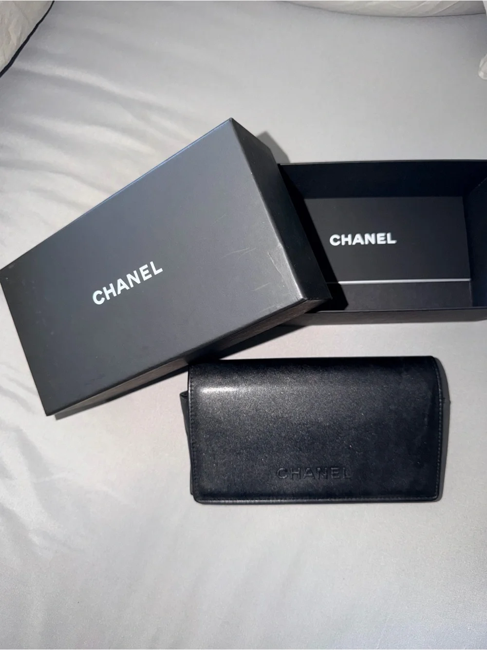 CHANEL calf skin sunglasses cash with Embossed Logo and a box
